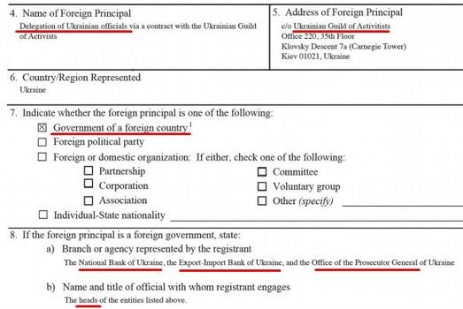 Image may contain: text that says Name Foreign Principal Delegation Ukrainian officials na contract with Ukrainian Guild Address Foreign Principal clo Ukrainian Guld ofActivitists Office Klovsky Descent 01021 Ukraine Represented (Carnegie Tower) Indicate whether the foreign principal is one of the following: Government of foreien country Foreign political party Foreign or domestic organization: Partnership Corporation Association Inpidual-State nationality foreign principal foreign govemment, state: Branch or agency represented by the registrant The National Bank Ukraine the Export Import Bank Ukraine either, check one of the following: Committee Voluntary group Other (specify) Name and title of official with whom registrant engages The the entities listed General of eiqrdidttitglv